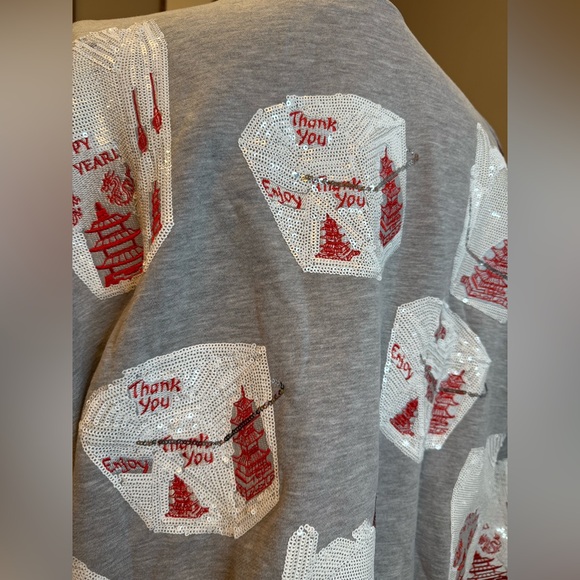 New! QUEEN OF SPARKLES  Gray Sequin Chinese Lunchbox Oversized Sweatshirt - Picture 9 of 11